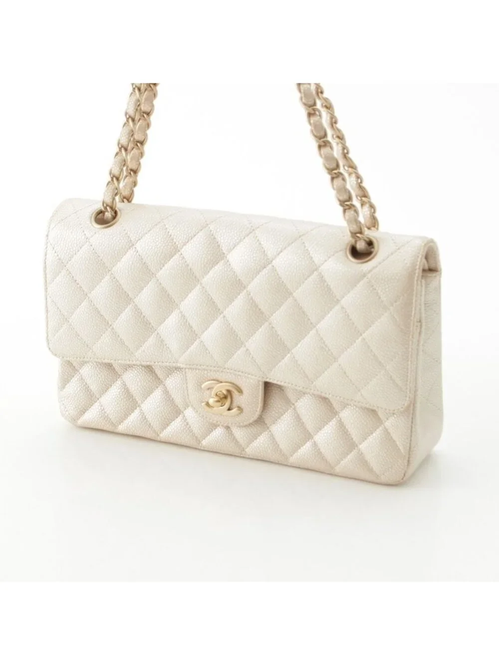 Chanel Quilted Leather Double Flap Shoulder Bag Champagne Gold 25